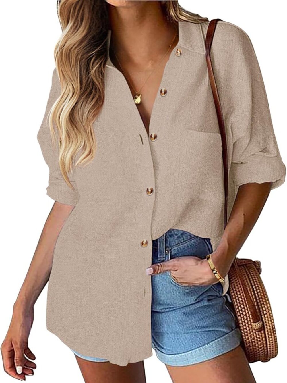 Womens Linen Button Down Shirt Casual Long Sleeve Cotton Blouse Loose Fit Collar